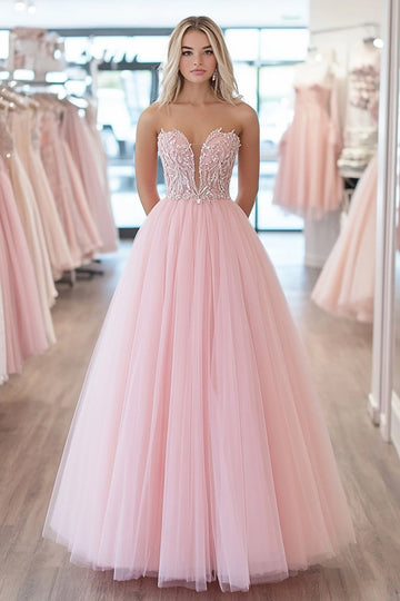 Sprankelende roze baljurk Sweetheart tulle lange galajurk met appliques